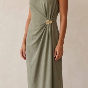 Vestido kaki aplique dorado